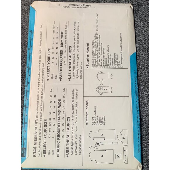 Simplicity Misses Shirt Sewing Pattern sz 8 5344 - uncut - Picture 3 of 3